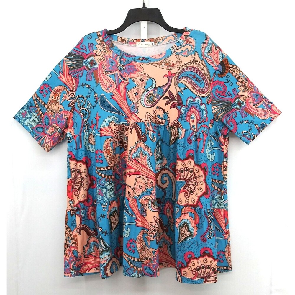 Southern Stitch Shirt Womens Size 2XL Blue Pink Paisley Short Sleeve Blouse Top